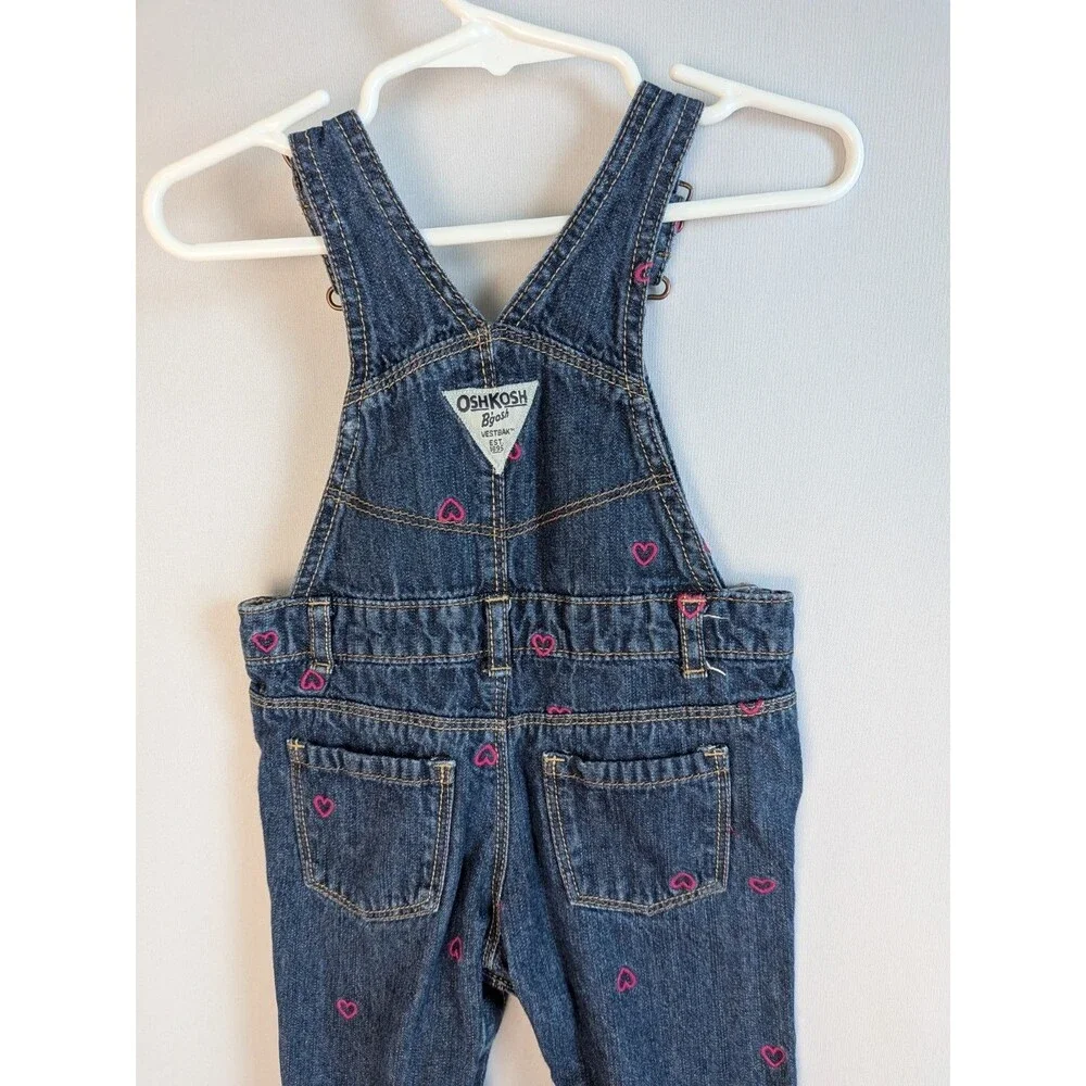 OshKosh B'gosh Overall Bibs Pink Hearts Denim 12 Months Blue Baby Toddler Girl